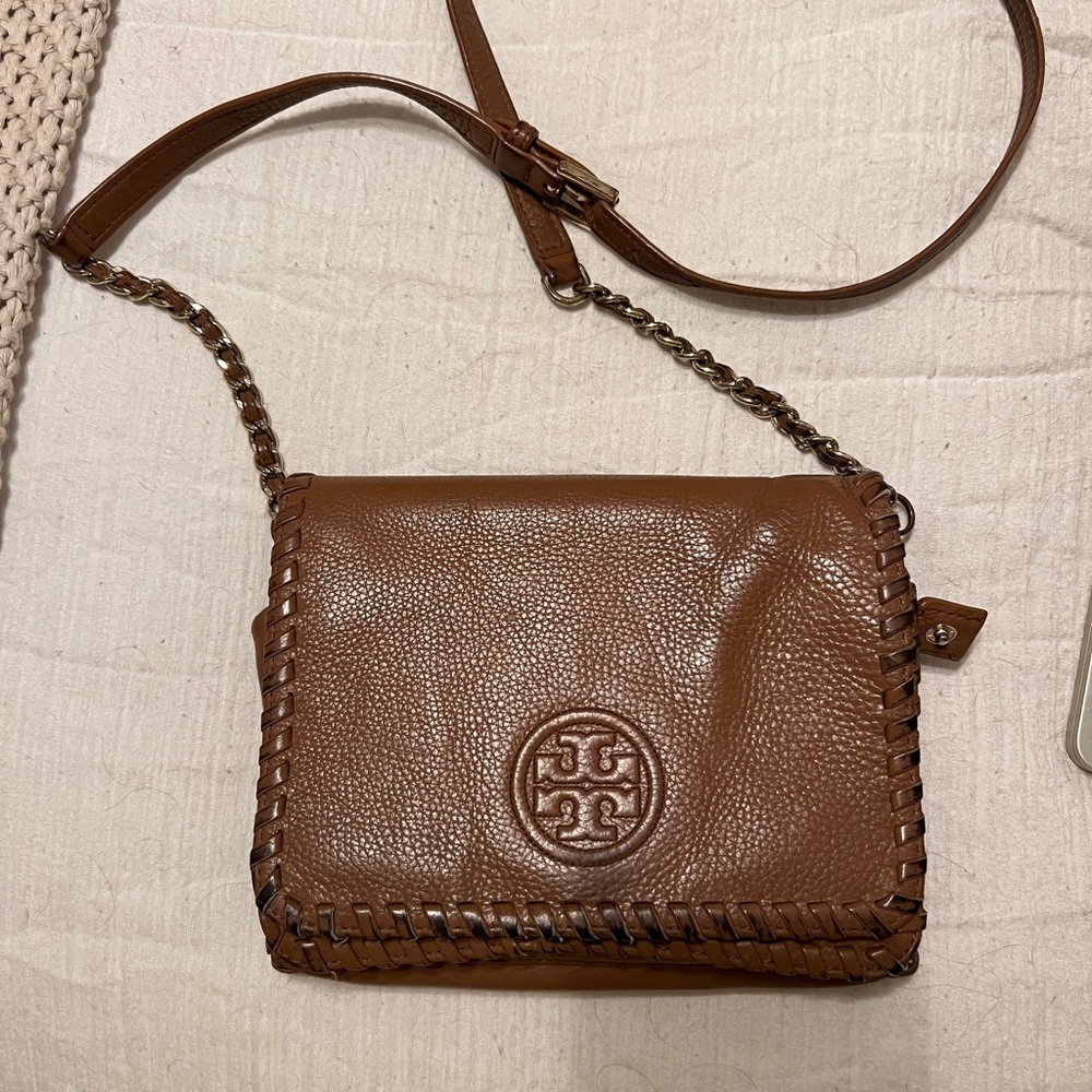 Tory Burch Brown Crossbody Bag with Whipstitch Detailing